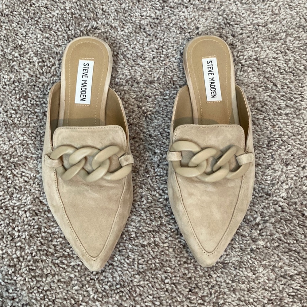 Tan Suede Steve Madden Mules with nude buckle.